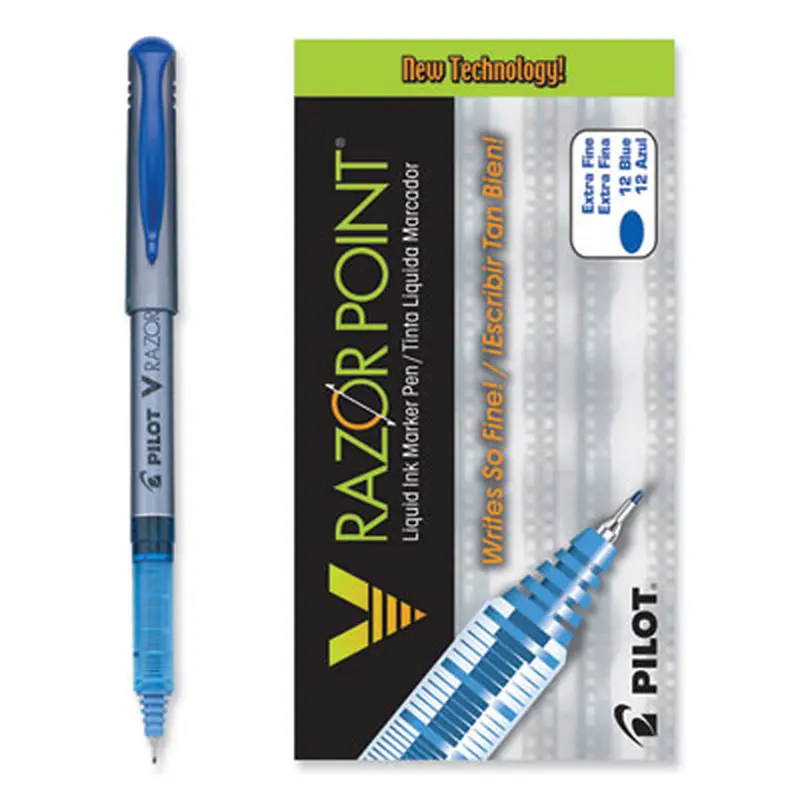 V Razor Point Liquid Ink Porous Point Pen, Stick, Extra-Fine 0.5 mm, Blue Ink, Gray/Translucent Blue Barrel, Dozen - Pens | Pilot