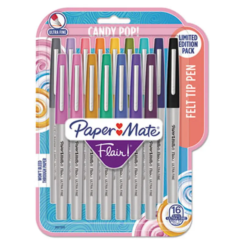 Flair Felt Tip Porous Point Pen, Stick, Extra-Fine 0.4 mm, Assorted Ink Colors, Gray Barrel, 16/Pack - Pens | Paper Mate