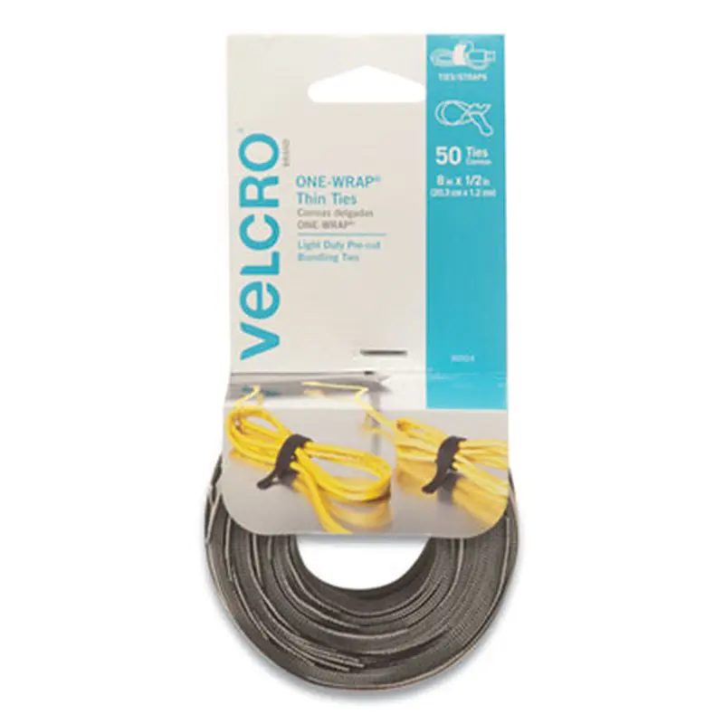 ONE-WRAP Pre-Cut Thin Ties, 0.5" x 8", Black/Gray, 50/Pack - Hook & Loop Fasteners | VELCRO Brand