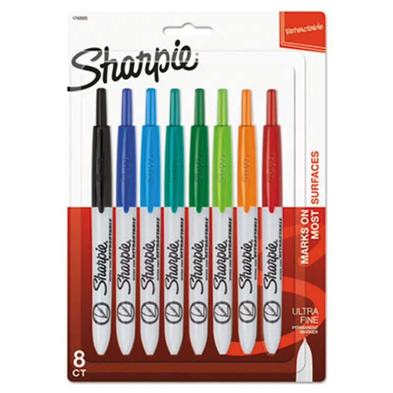 Retractable Permanent Marker, Extra-Fine Needle Tip, Assorted Colors, 8/Set - Markers | Sharpie