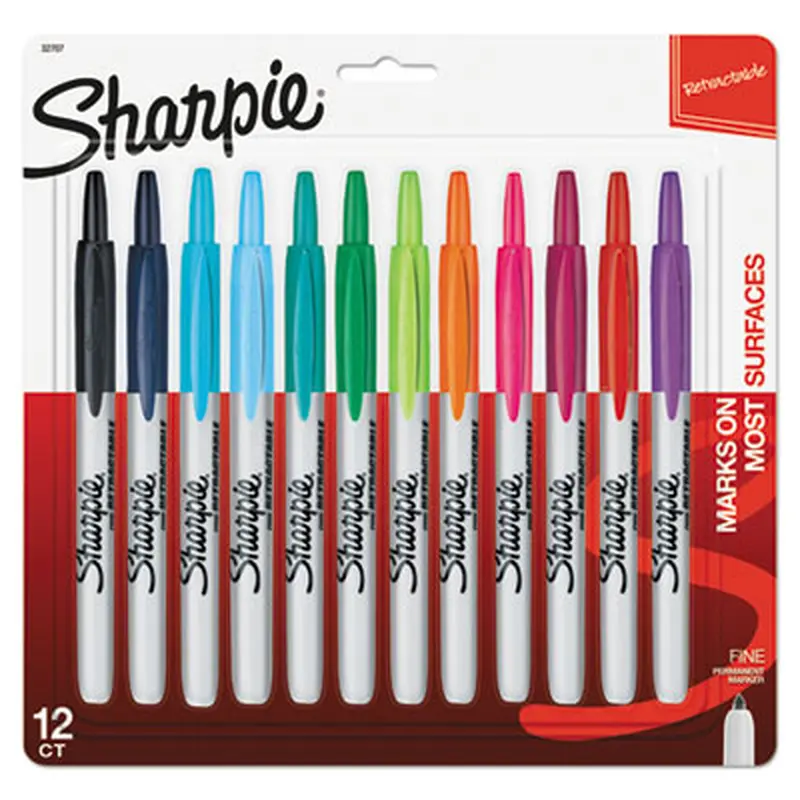 Retractable Permanent Marker, Fine Bullet Tip, Assorted Colors, 12/Set - Markers | Sharpie