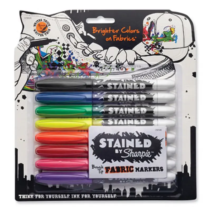 Stained Fabric Markers, Medium Brush Tip, Assorted Colors, 8/Pack - Markers | Sharpie