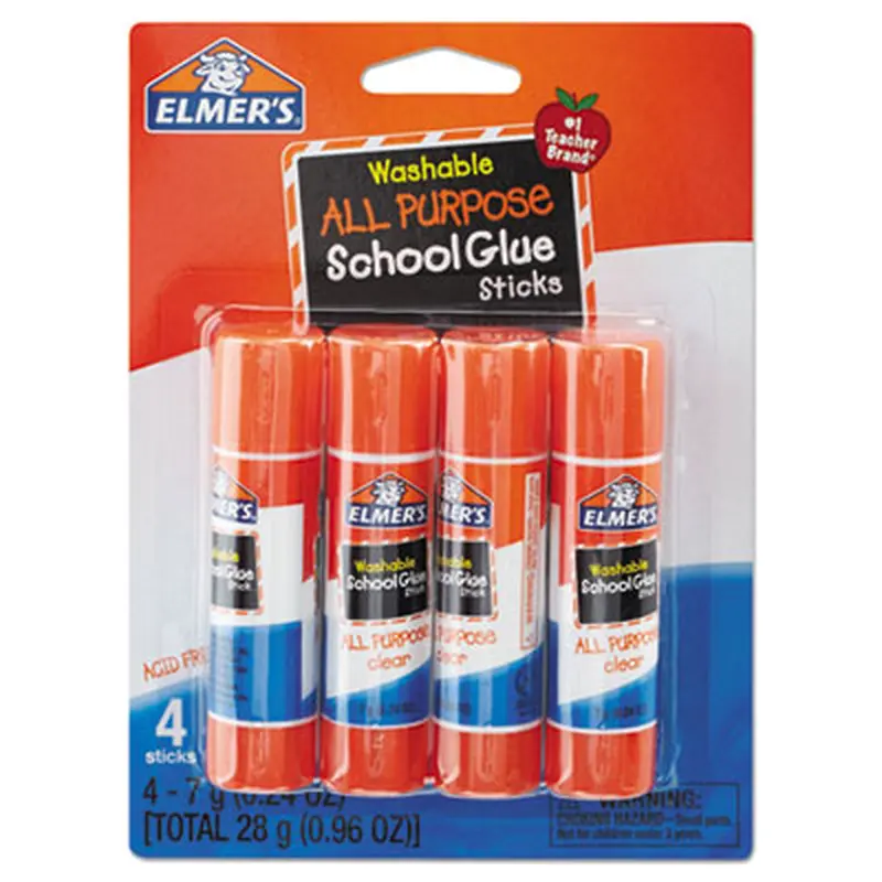 Washable School Glue Sticks, 0.24 oz, Applies and Dries Clear, 4/Pack - Glue | Elmer's