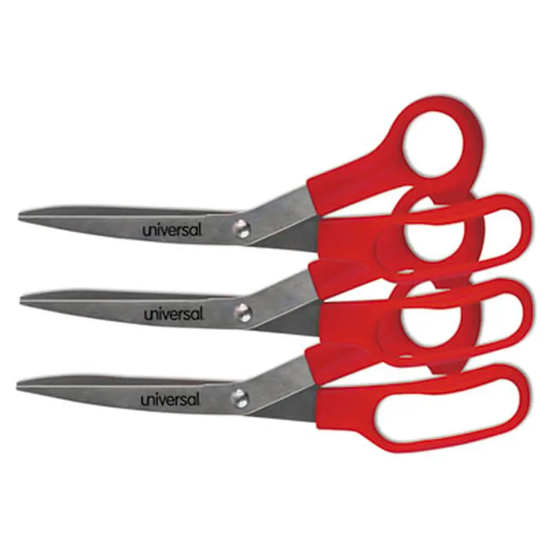 General Purpose Stainless Steel Scissors, 7.75" Long, 3" Cut Length, Offset Red Handle, 3/Pack - Scissors | Universal