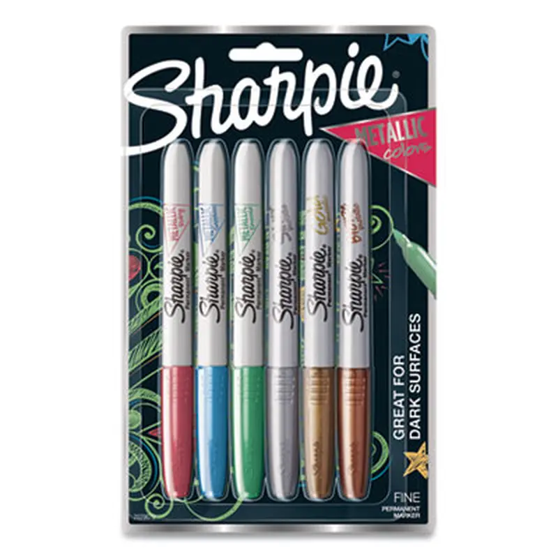 Metallic Fine Point Permanent Markers, Fine Bullet Tip, Blue-Green-Red, 6/Pack - Markers | Sharpie