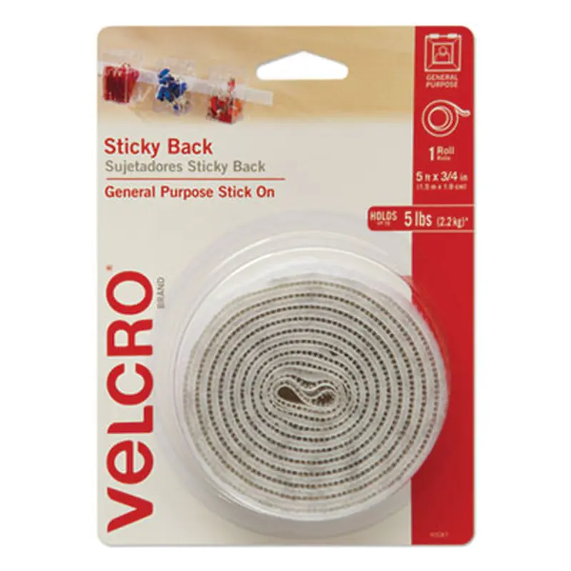 Sticky-Back Fasteners with Dispenser, Removable Adhesive, 0.75" x 5 ft, White - Hook & Loop Fasteners | VELCRO Brand