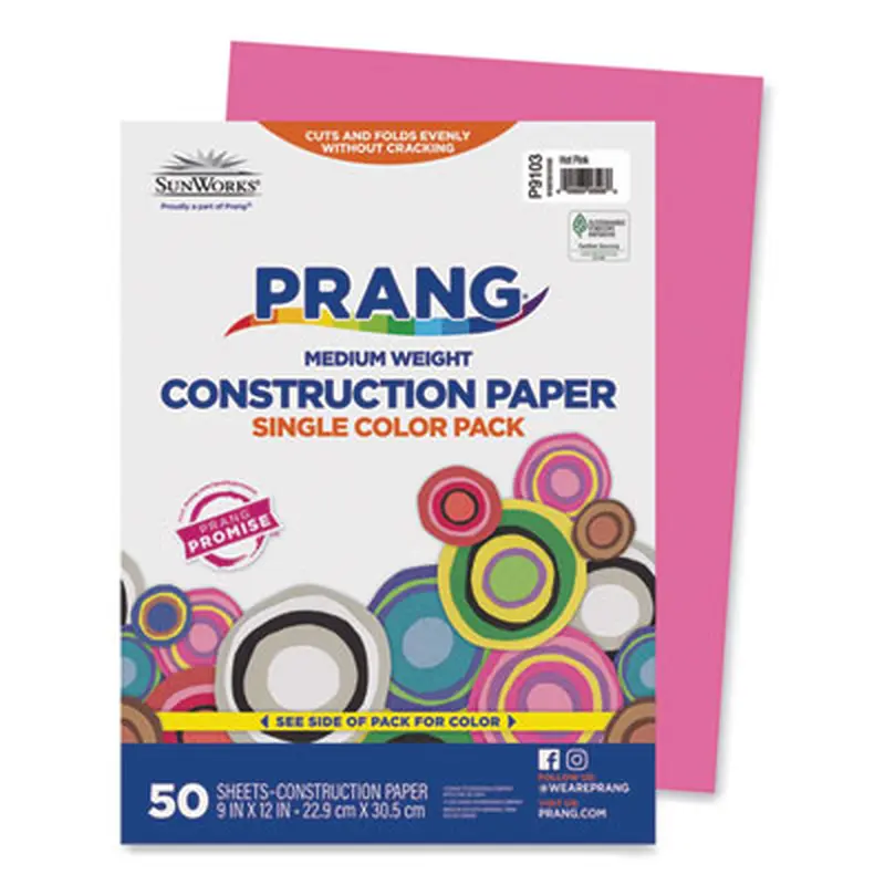 SunWorks Construction Paper, 50 lb Text Weight, 9 x 12, Hot Pink, 50/Pack - Art & Design Paper | Prang