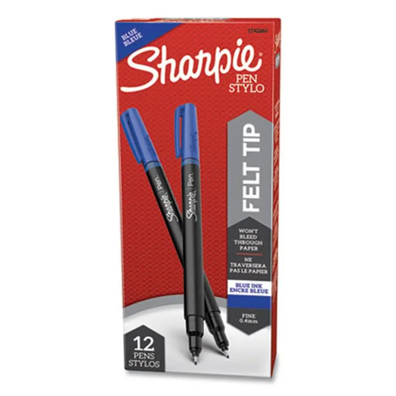 Water-Resistant Ink Porous Point Pen, Stick, Fine 0.4 mm, Blue Ink, Black/Blue Barrel, Dozen - Pens | Sharpie