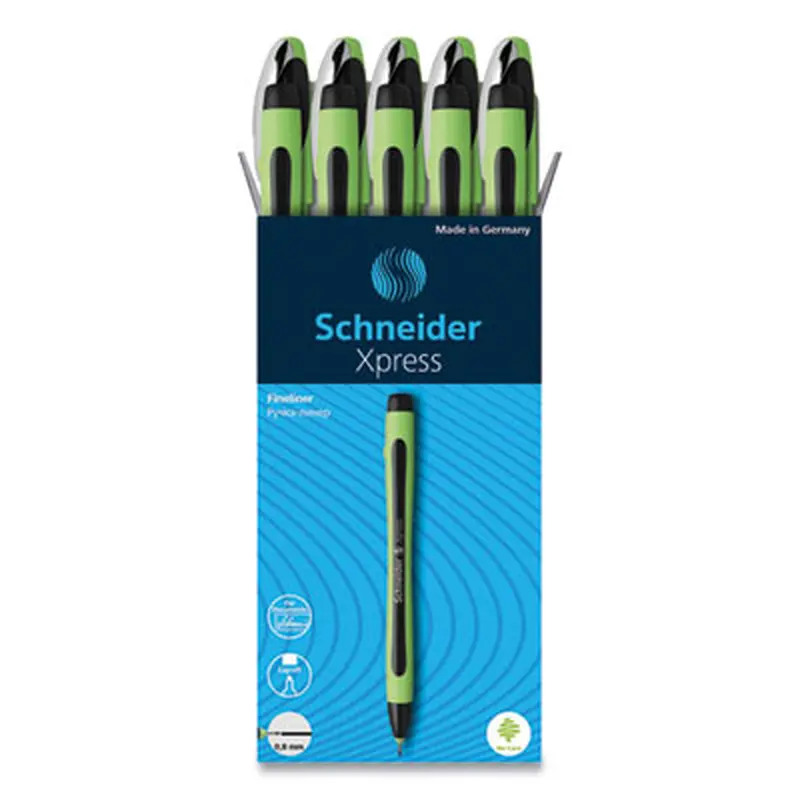 Xpress Fineliner Porous Point Pen, Stick, Medium 0.8 mm, Black Ink, Black/Green Barrel, 10/Box - Pens | Schneider