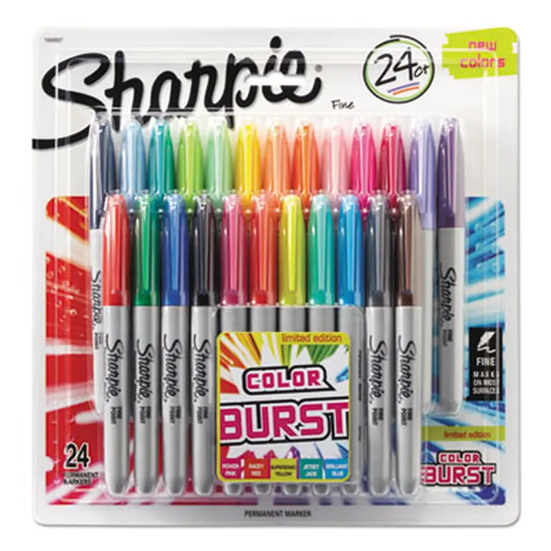 Fine Tip Permanent Marker, Fine Bullet Tip, Assorted Classic and Limited Edition Color Burst Colors, 24/Pack - Markers | Sharpie