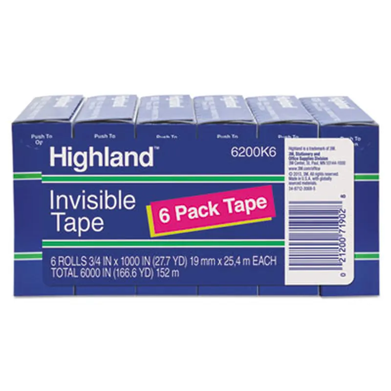Invisible Permanent Mending Tape, 1" Core, 0.75" x 83.33 ft, Clear, 6/Pack - Tape | Highland