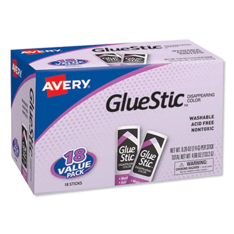 Permanent Glue Stic Value Pack, 0.26 oz, Applies Purple, Dries Clear, 18/Pack - Glue | Avery