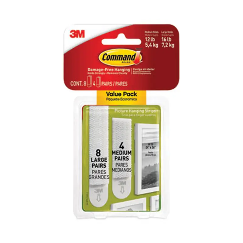 Picture Hanging Strips, Value Pack, Removable, (8) Large 0.63 x 3.63 Pairs, (4) Medium 0.5 x 2.75 Pairs, White - Mounting Tape | Command