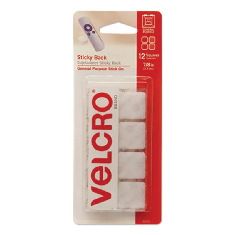 Sticky-Back Fasteners, Removable Adhesive, 0.88" x 0.88", White, 12/Pack - Hook & Loop Fasteners | VELCRO Brand