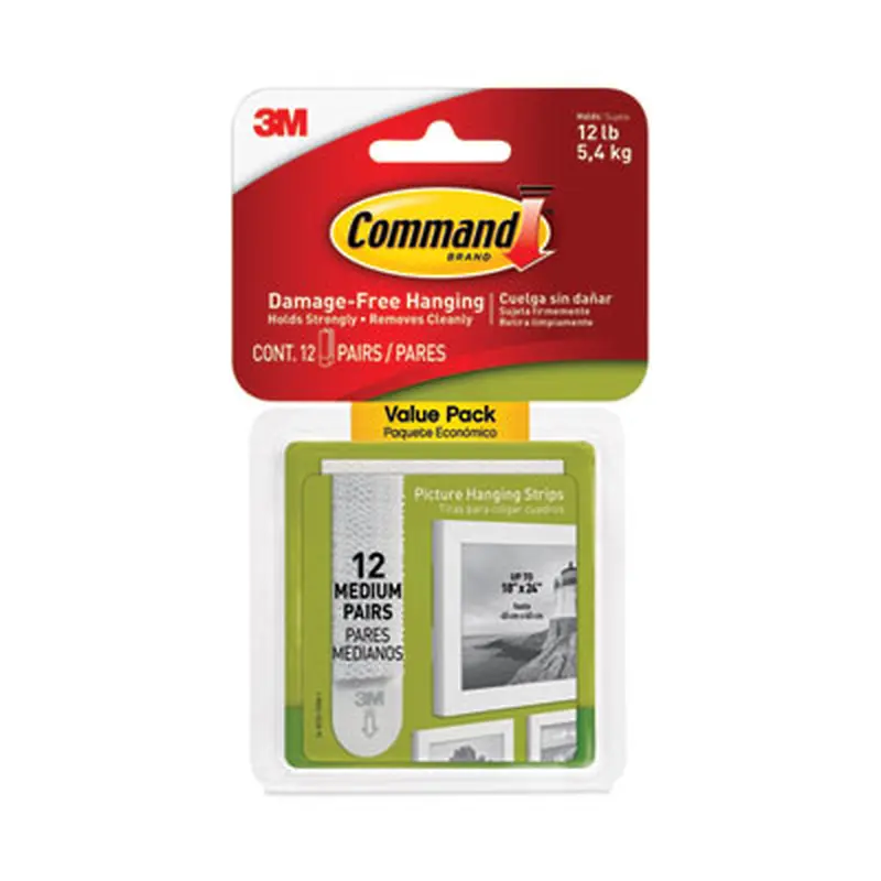 Picture Hanging Strips, Value Pack, Medium, Removable, Holds Up to 12 lbs, 0.75 x 2.75, White, 12 Pairs/Pack - Mounting Tape | Command