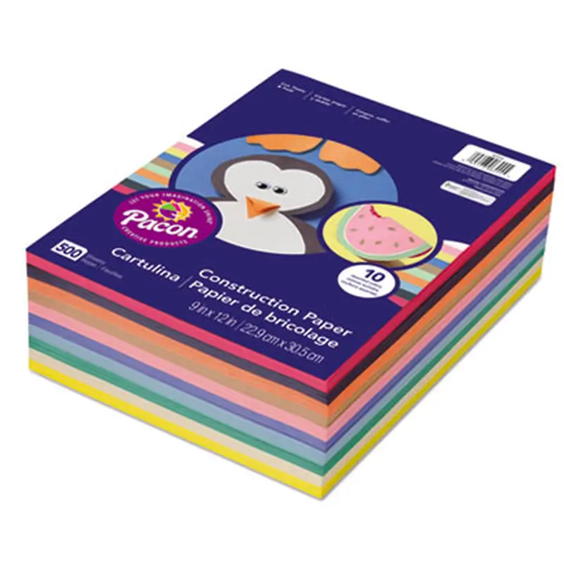 Rainbow Super Value Construction Paper Ream, 45 lb Text, 9 x 12, Assorted, 500 Sheets/Ream - Art & Design Paper | Pacon
