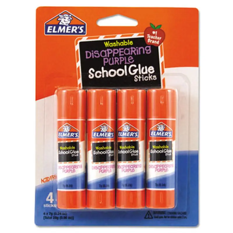 Washable School Glue Sticks, 0.24 oz, Applies Purple, Dries Clear, 4/Pack - Glue | Elmer's