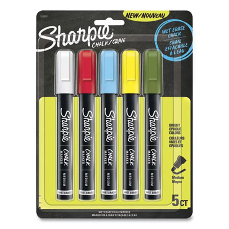 Wet-Erase Chalk Marker, Medium Bullet Tip, Assorted Colors, 5/Pack - Board Markers | Sharpie