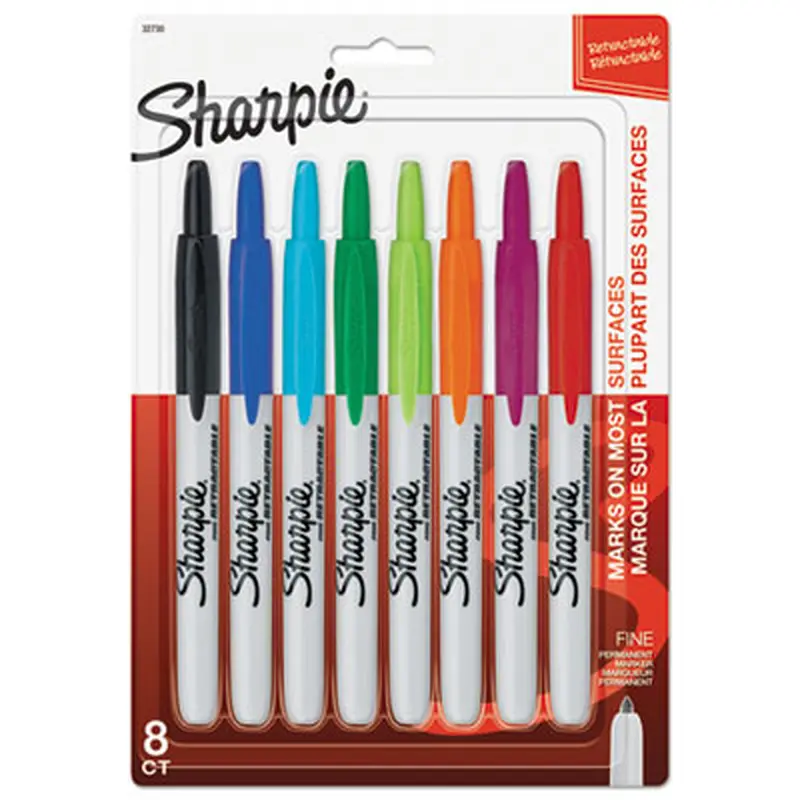 Retractable Permanent Marker, Fine Bullet Tip, Assorted Colors, 8/Set - Markers | Sharpie