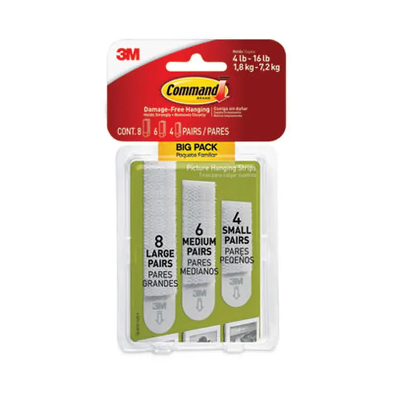 Picture Hanging Strips Big Pack, Removable, (4) Small, (6) Medium, (8) Large, White, 18 Pairs/Pack - Mounting Tape | Command