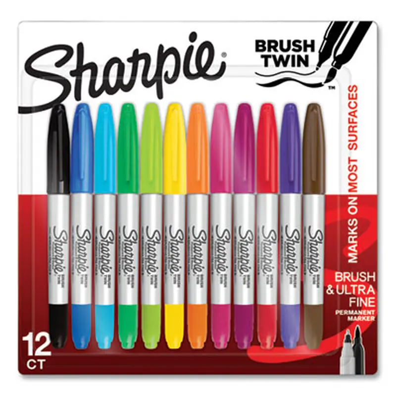 Brush Tip Permanent Marker, Twin Tip, Ultra-Fine Needle/Broad Brush Tips, Assorted Colors, 12/Pack - Markers | Sharpie