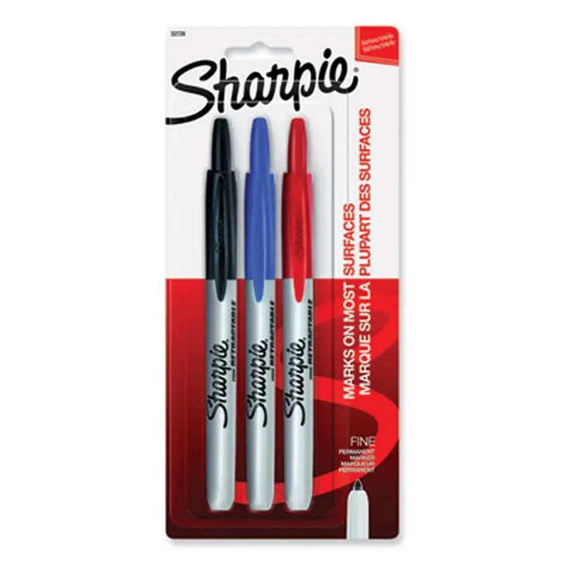 Retractable Permanent Marker, Fine Bullet Tip, Assorted Colors, 3/Set - Markers | Sharpie