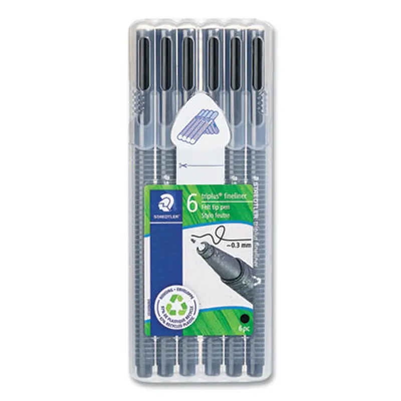 Triplus Fineliner Porous Point Pen, Stick, Fine 0.3 mm, Black Ink, Clear Barrel, 6/Pack - Pens | Staedtler