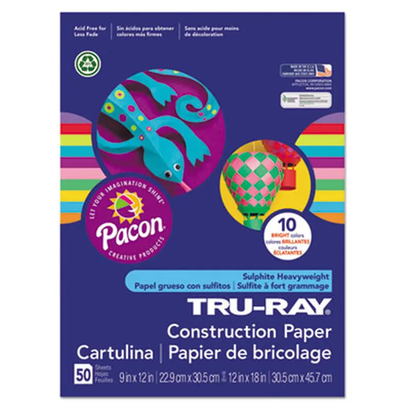 Tru-Ray Construction Paper, 76 lb Text Weight, 9 x 12, Assorted Bright Colors, 50/Pack - Art & Design Paper | Pacon