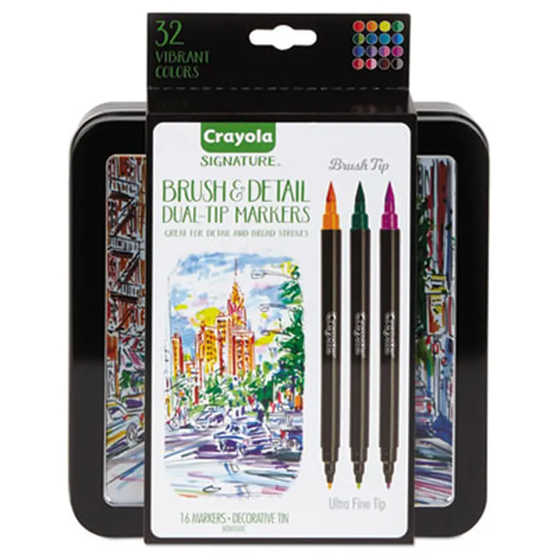 Brush and Detail Dual Ended Markers, Extra-Fine Brush/Bullet Tips, Assorted Colors, 16/Set - Markers | Crayola