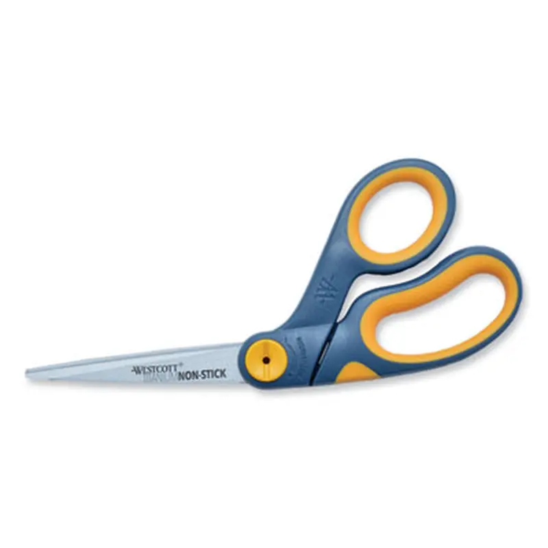 Non-Stick Titanium Bonded Scissors, 8" Long, 3.25" Cut Length, Crane-Style Gray/Yellow Handle - Scissors | Westcott