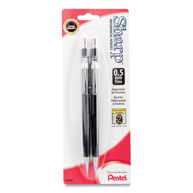 Sharp Mechanical Pencil, 0.5 mm, HB (#2), Black Lead, Black Barrel, 2/Pack - Pencils | Pentel