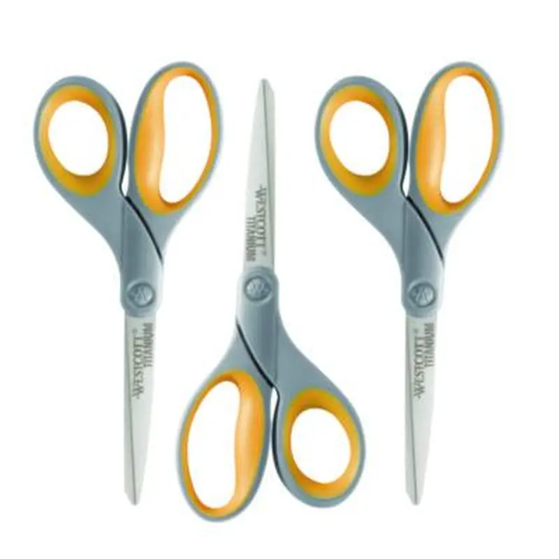 Titanium Bonded Scissors, 8" Long, 3.5" Cut Length, Straight Gray/Yellow Handle, 3/Pack - Scissors | Westcott