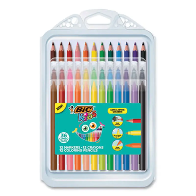 Kids Coloring Combo Pack in Durable Case, 12 Each: Colored Pencils, Crayons, Markers - Art Kits | BIC