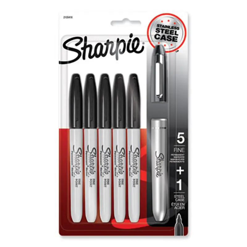 Fine Tip Permanent Marker, Stainless Steel Single Marker Case, Fine Bullet Tip, Black, 5/Pack - Markers | Sharpie