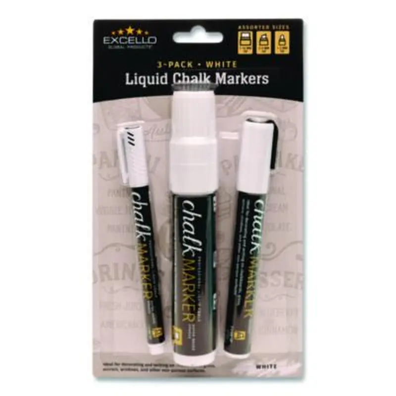 Liquid Chalk Markers, Assorted Tip Sizes and Types, White, 3/Pack - Board Markers | Excello Global Products