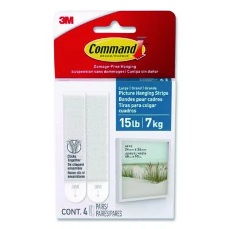 Bath Picture Hanging Strips, Large, Removable, Holds Up to 4 lbs per Pair, 0.75 x 3.65, White, 4 Pairs/Pack - Mounting Tape | Command