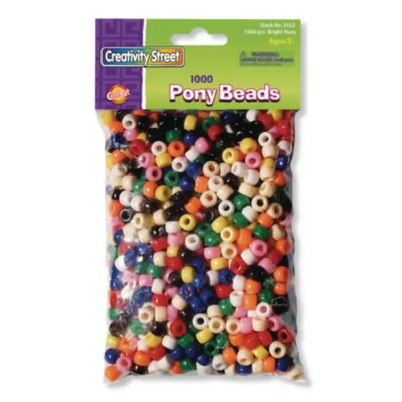 Pony Beads, Plastic, 0.24" x 0.35", Assorted Bright Hues, 1,000/Pack - Crafting Embellishments | Creativity Street