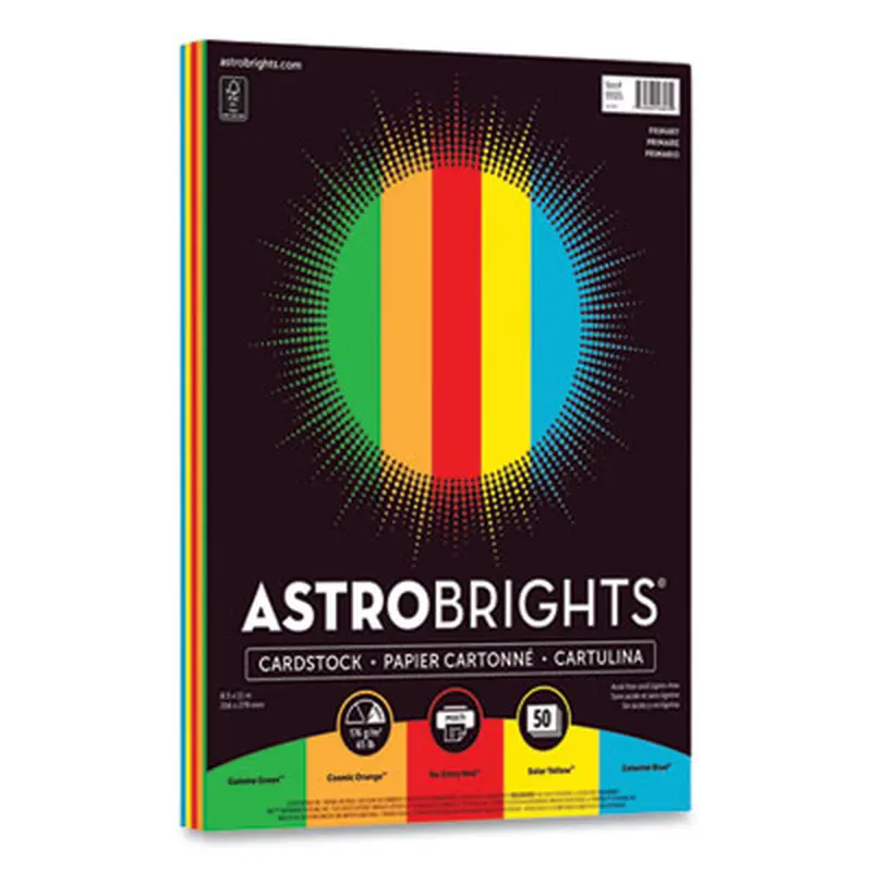 Color Cardstock, 65 lb Cover Weight, 8.5 x 11, Assorted Primary Colors, 50/Pack - Art & Design Paper | Astrobrights