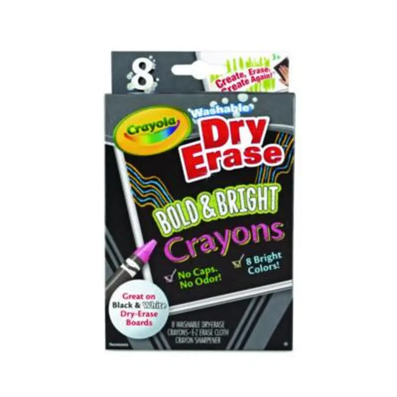 Washable Dry Erase Crayons with Built-In Sharpener and E-Z Erase Cloth, Large Size, 0.44 x 4, 8 Assorted Bright Colors, 8/Box - Crayons | Crayola