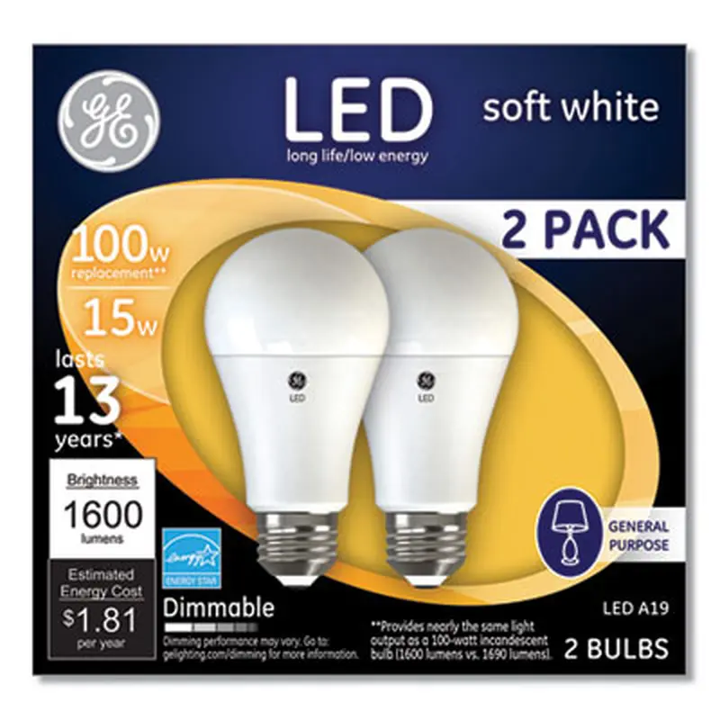 100W LED Bulbs, A19, 15 W, Soft White, 2/Pack - Light Bulbs | GE