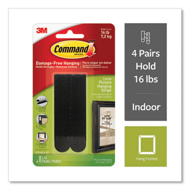 Picture Hanging Strips, Removable, Holds Up to 4 lbs per Pair, 0.75 x 3.65, Black, 4 Pairs/Pack - Mounting Tape | Command