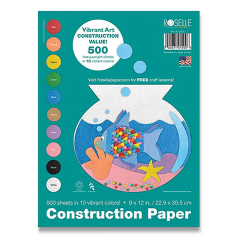 Vibrant Art Heavyweight Construction Paper, 76 lb Text Weight, 9 x 12, Assorted Colors, 500/Pack - Art & Design Paper | Roselle