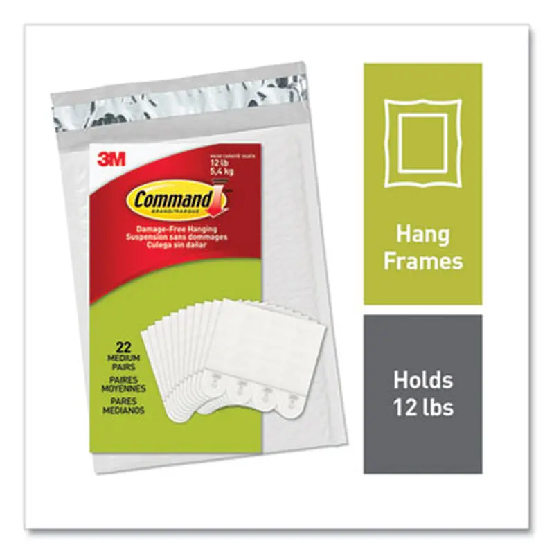 Picture Hanging Strips, Removable, Holds Up to 3 lbs per Pair, Medium, 0.63 x 2.75, White, 22 Pairs/Pack - Mounting Tape | Command