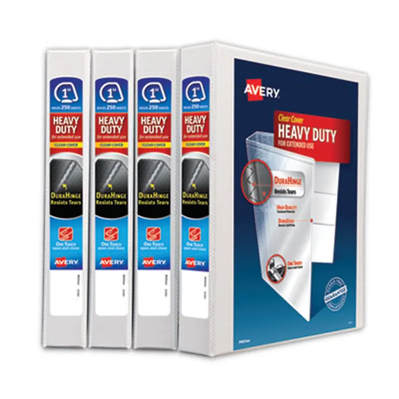 Heavy-Duty Non Stick View Binder with DuraHinge and Slant Rings, 3 Rings, 1" Capacity, 11 x 8.5, White, 4/Pack - Binders | Avery