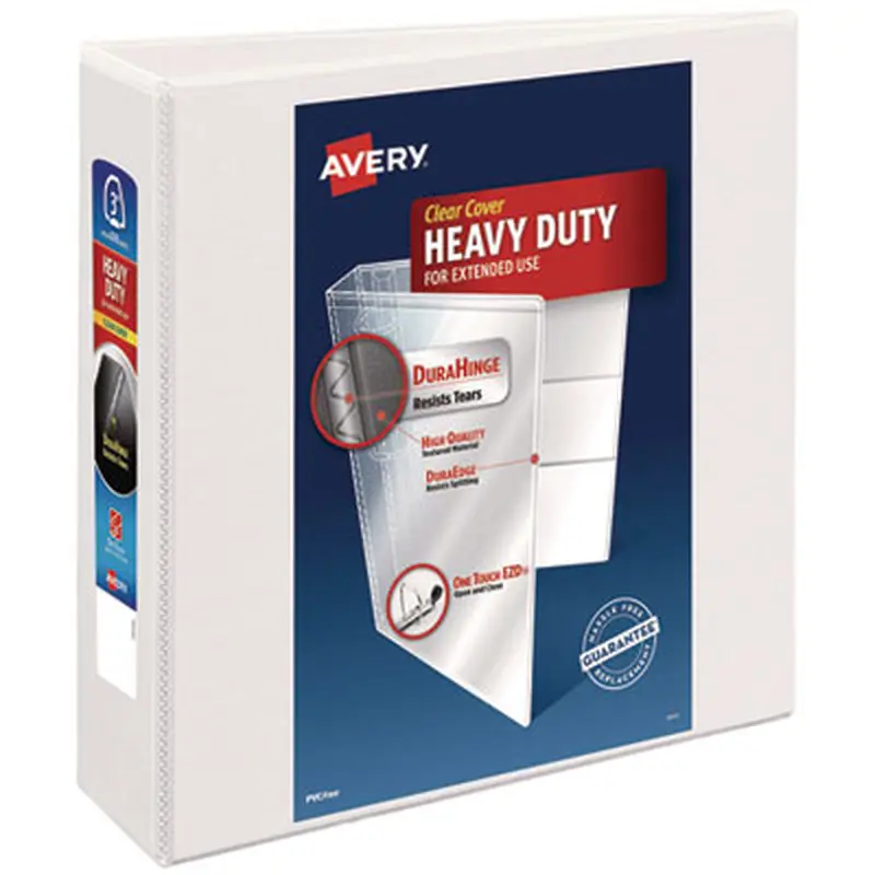 Heavy-Duty View Binder with DuraHinge and Locking One Touch EZD Rings, 3 Rings, 3" Capacity, 11 x 8.5, White - Binders | Avery