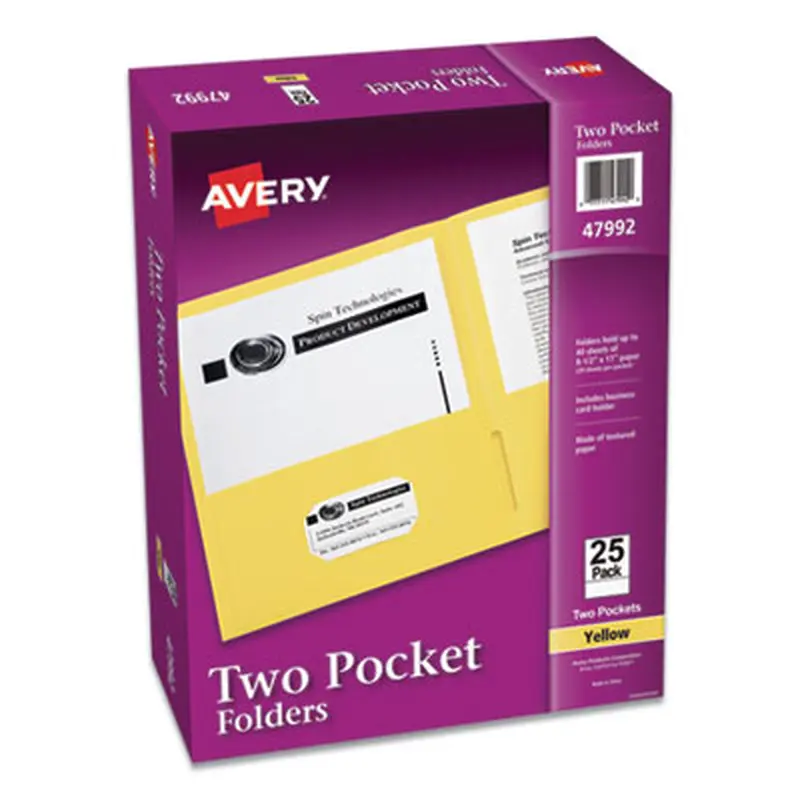 Two-Pocket Folder, 40-Sheet Capacity, 11 x 8.5, Yellow, 25/Box - Pocket Folders | Avery