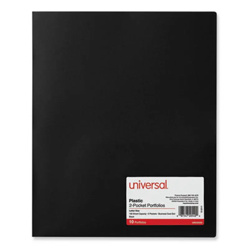 Two-Pocket Plastic Folders, 100-Sheet Capacity, 11 x 8.5, Black, 10/Pack - Pocket Folders | Universal