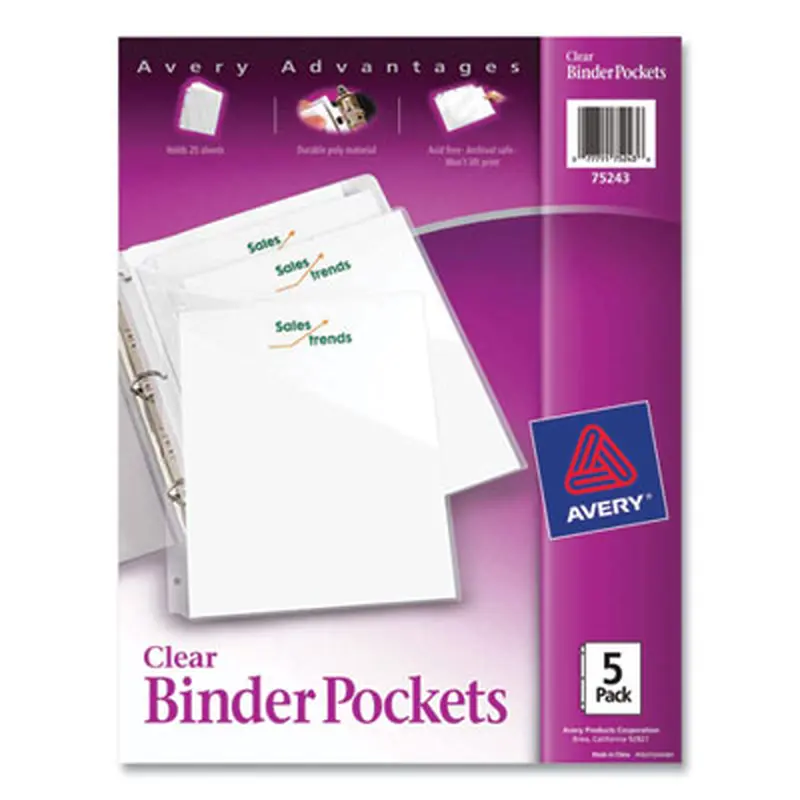 Binder Pockets, 3-Hole Punched, 9.25 x 11, Clear, 5/Pack - Binder Pockets | Avery