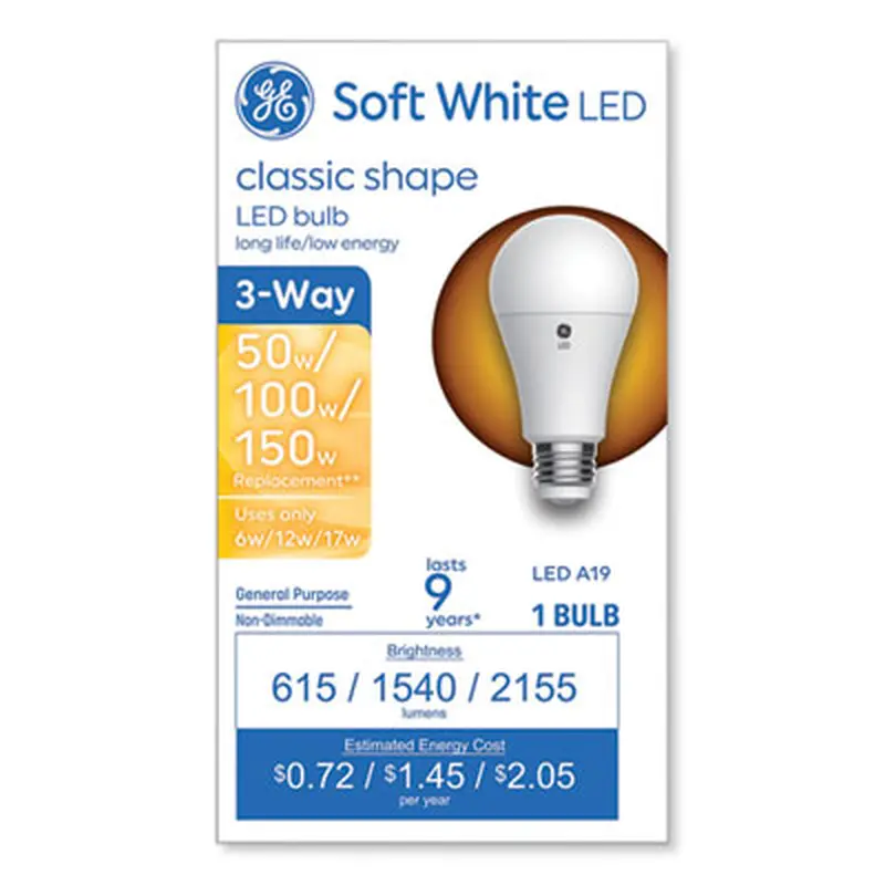 Classic LED SW Non-Dim A19 3-Way Light Bulb, 6 W; 12 W; 17 W, Soft White - Light Bulbs | GE