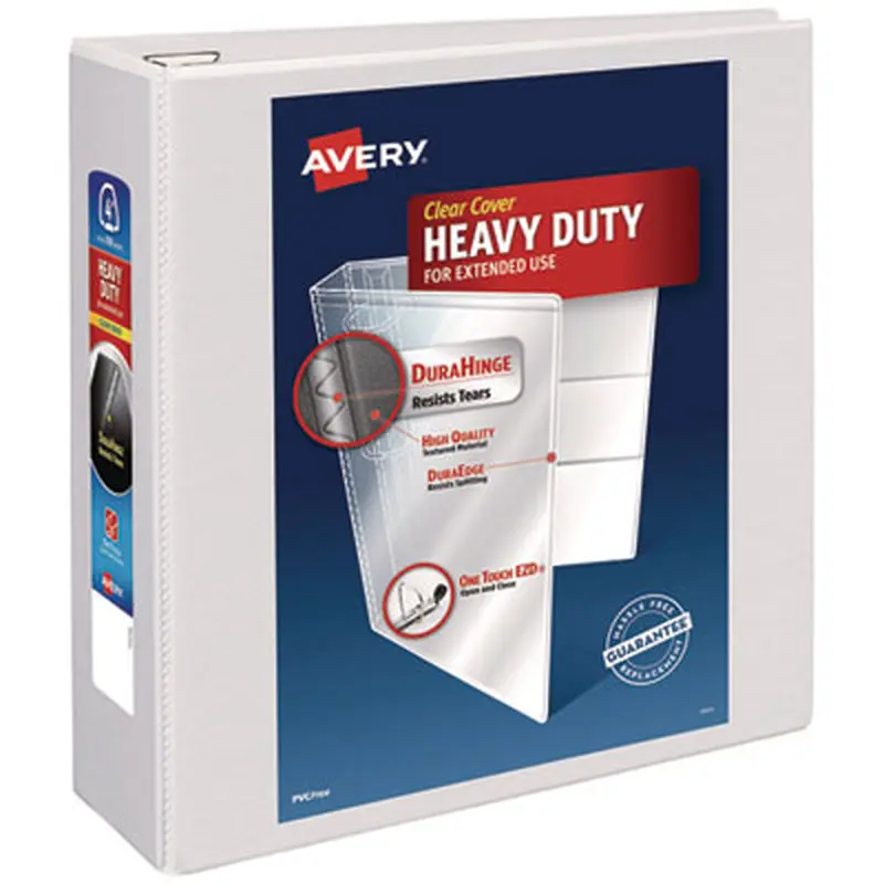 Heavy-Duty View Binder with DuraHinge and Locking One Touch EZD Rings, 3 Rings, 4" Capacity, 11 x 8.5, White - Binders | Avery